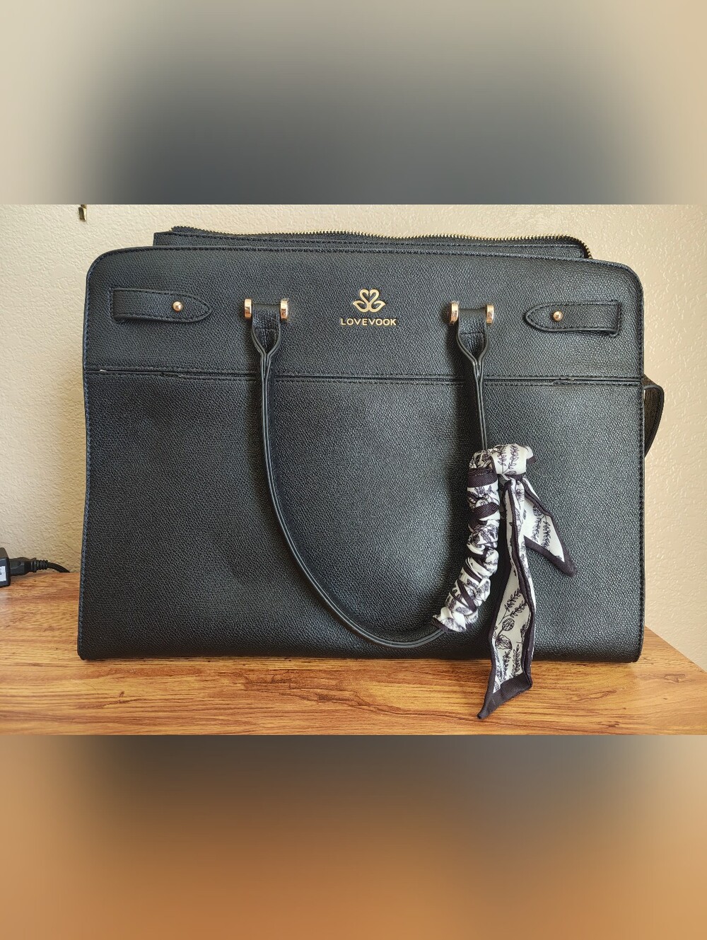 Black Structured Tote Bag with Scarf Detail